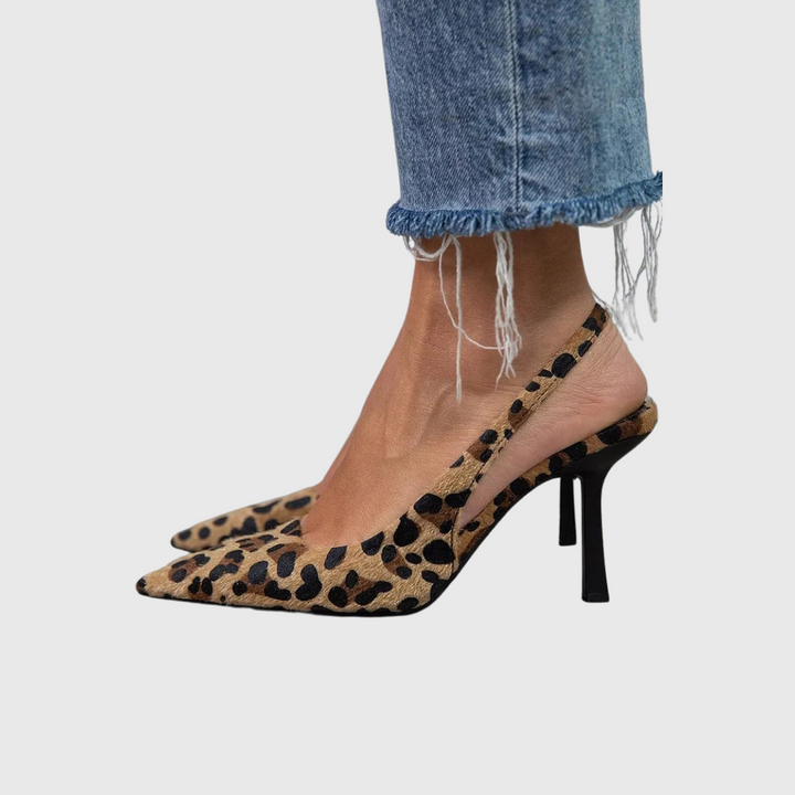 Marieta - Khaki stiletto podpatky s leopardím potiskem a špičatou špičkou