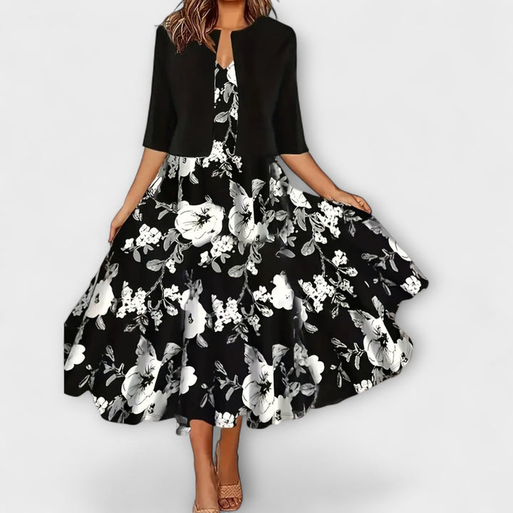 Božetěška | Květinové midi šaty s ladícím přehozem