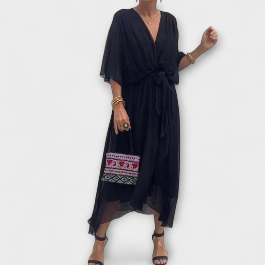 Mirka | Lehké dámské midi šaty s výstřihem do V a zavazováním v pase