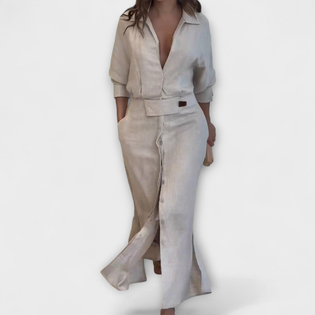 Hortenzie | Maxišaty z lnu s výstřihem do V