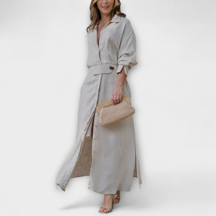 Hortenzie | Maxišaty z lnu s výstřihem do V