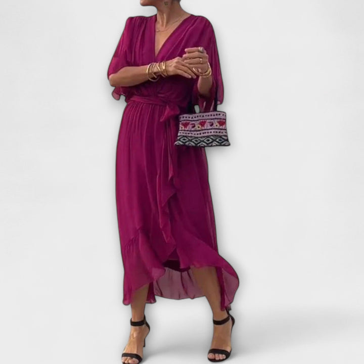 Mirka | Lehké dámské midi šaty s výstřihem do V a zavazováním v pase