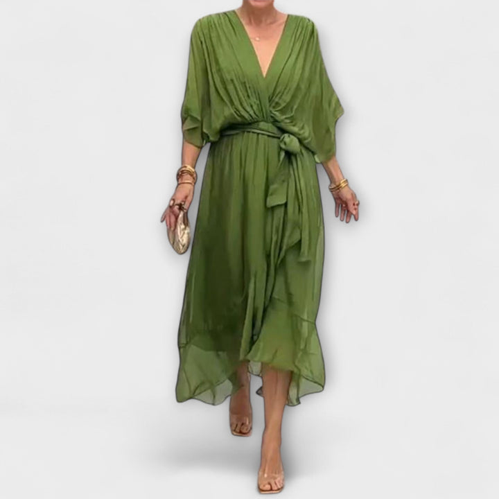 Mirka | Lehké dámské midi šaty s výstřihem do V a zavazováním v pase