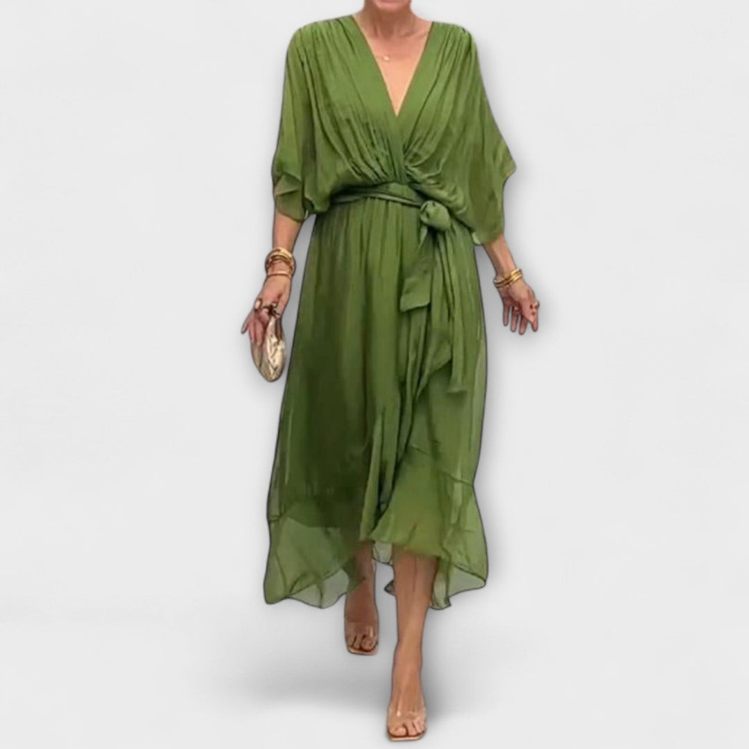 Mirka | Lehké dámské midi šaty s výstřihem do V a zavazováním v pase