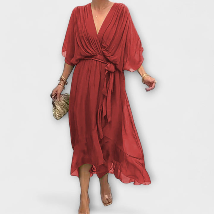 Mirka | Lehké dámské midi šaty s výstřihem do V a zavazováním v pase